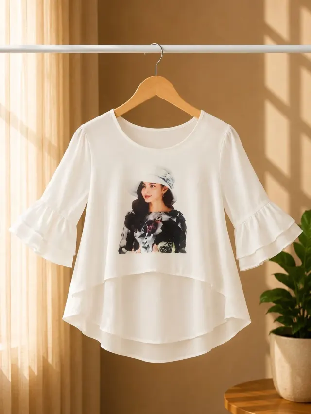 Elegant White Layered Bell Sleeve Printed Top (0058)