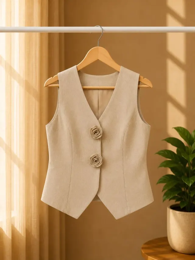 Beige Floral Button Sleeveless Waistcoat Top (0088)