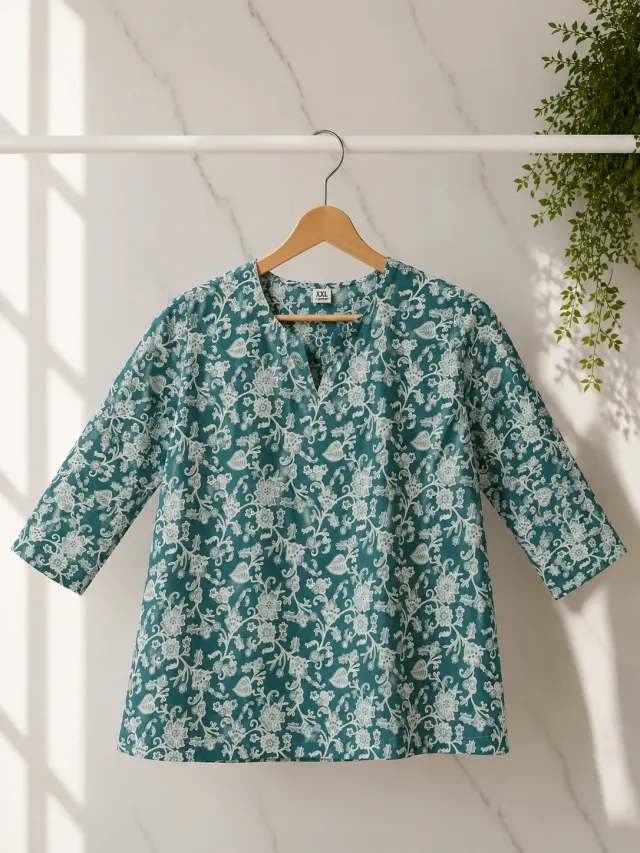 Teal Floral Short Kurti (0036)