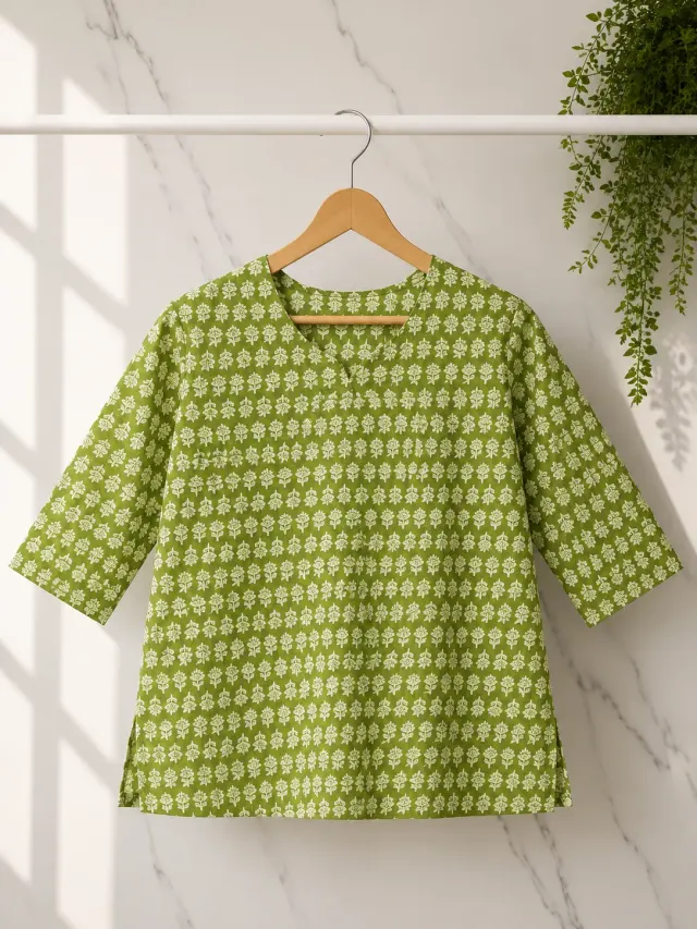 Olive Floral Short Kurti (0091)