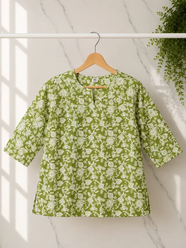 Olive Floral Short Kurti (0089)