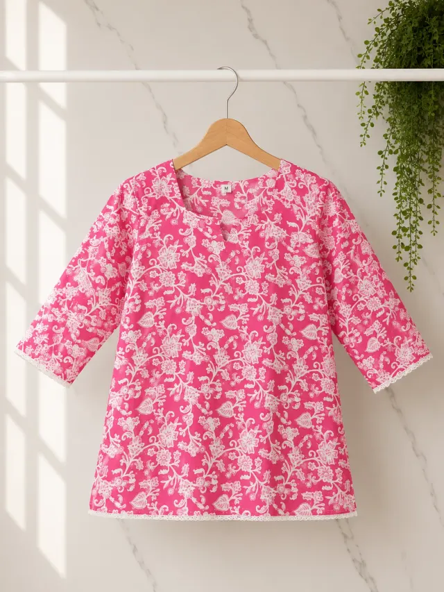 Pink Floral Short Kurti (0079)